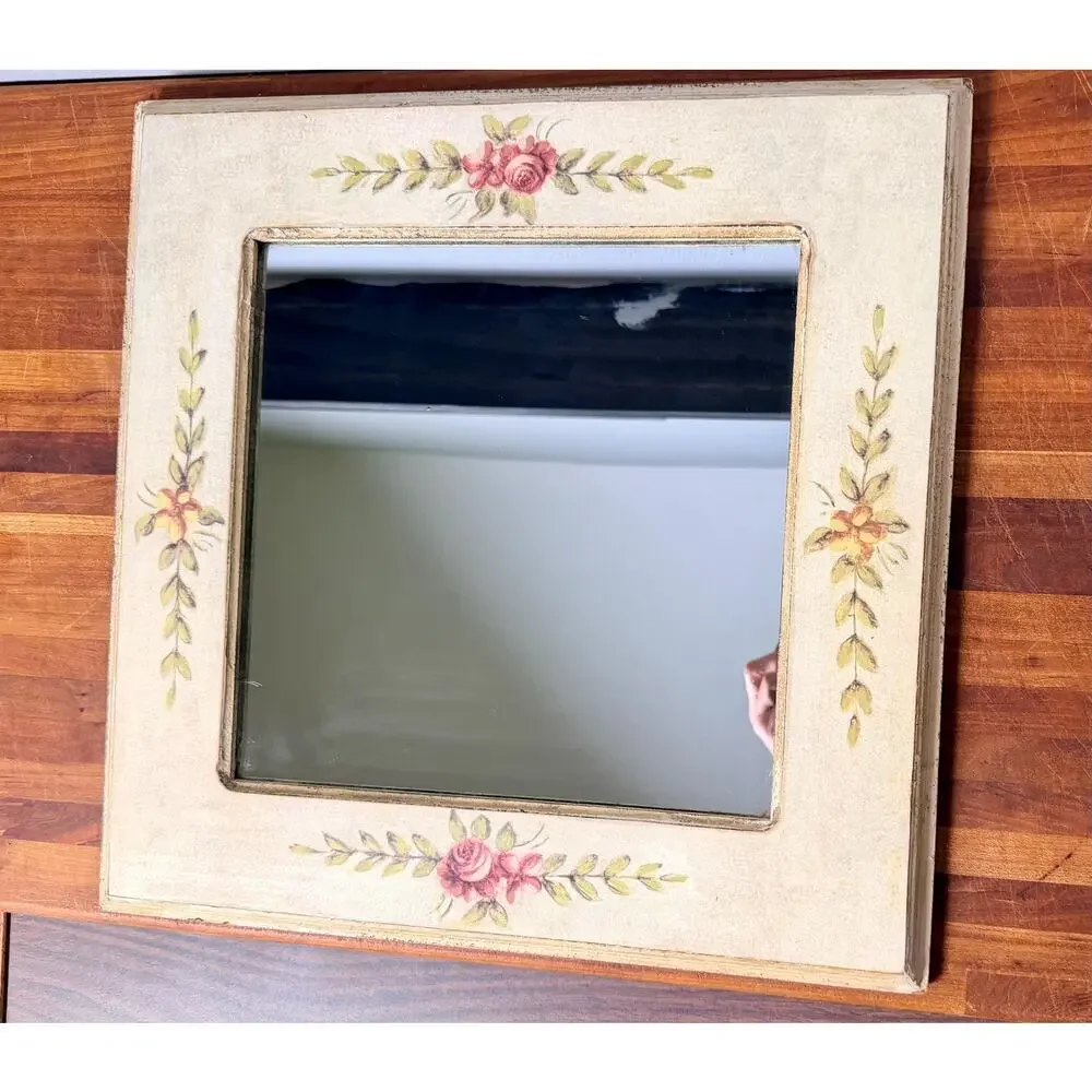 Vintage Hand-Painted Rose Floral Mirror, Cottagecore Shabby Chic Wall Decor